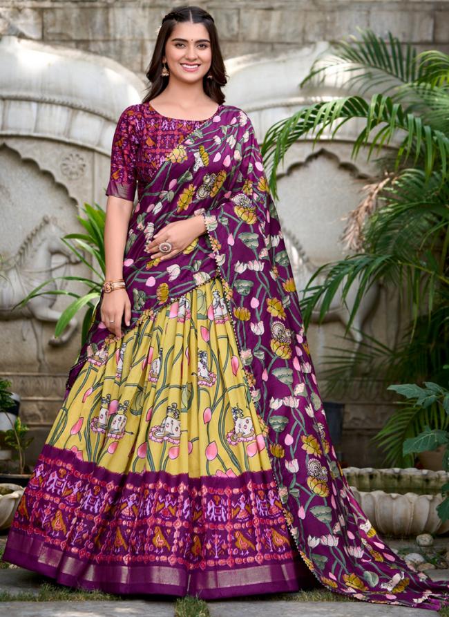 Tussar Silk Yellow Traditional Wear Printed Lehenga Choli